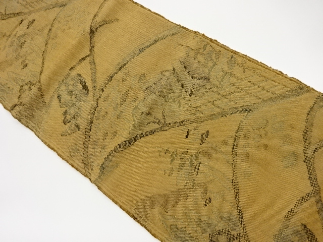 リサイクル　手織り真綿紬山並みに樹木模様織出し名古屋帯